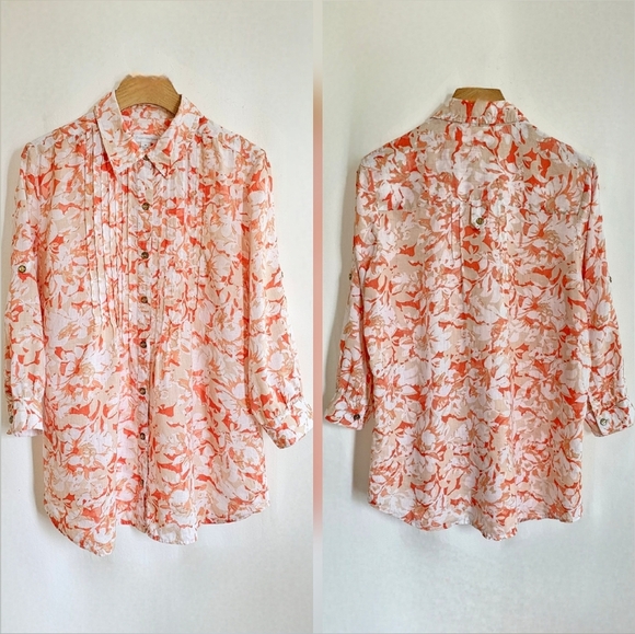 Charter Club 100% Linen Orange & White Floral Button Down Blouse - Picture 5 of 16